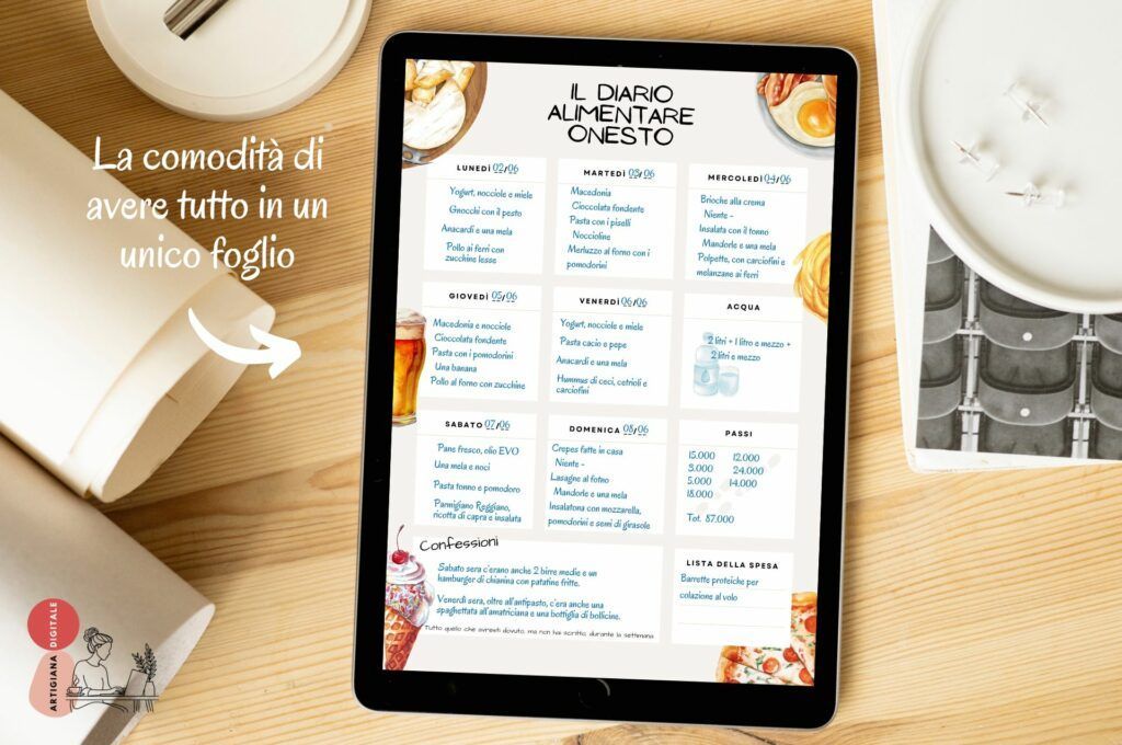 Diario Alimentare onesto con passi e acqua in formato A4, A5 e A6